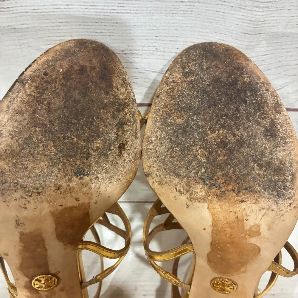 Tory Burch Amalie Strappy Cage Womens 7.5 Gold Metallic Stiletto Heels Buckle